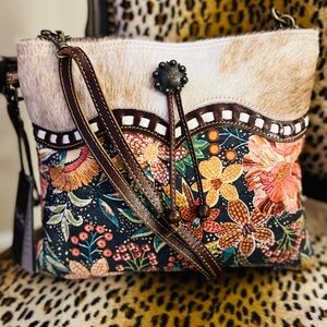 New Myra Bag Floral Western Boho Cowhide Crossbody Cowgirl Leather Canvas Purse